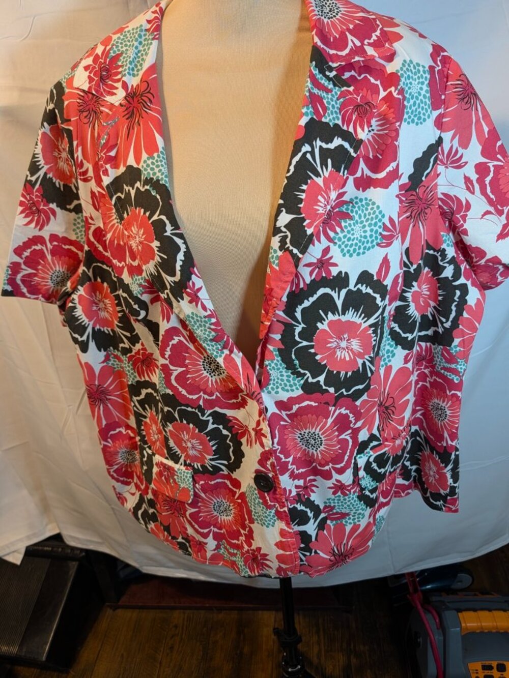 Elementz Jacket Women's 3X Floral Short Sleeve Pink/Teal/Black/Pockets